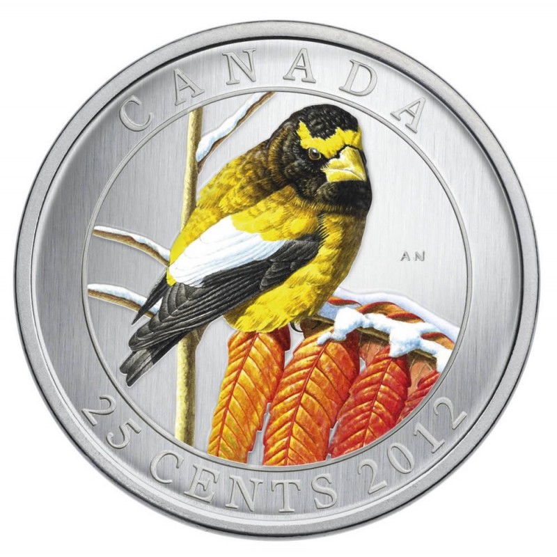 2012 Canadian 25 Cent Birds of Canada #10: Evening Grosbeak Coloured Coin